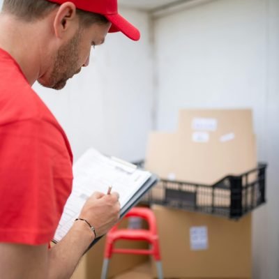 A courier in a red uniform checks inventory in a warehouse setting.
